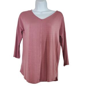 Tahari Womens Knit Top XS Pink V Neck 3/4 Sleeve Stretch Pullover Shirt